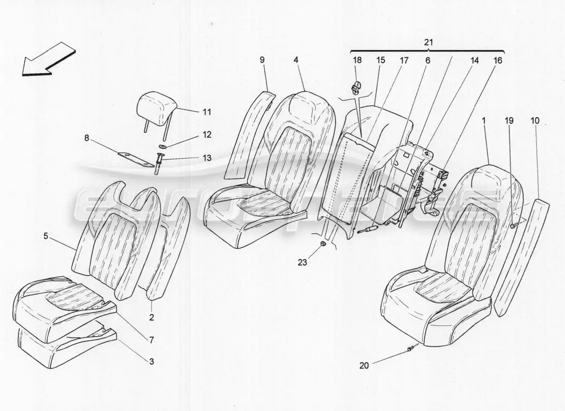 maserati qtp. v8 3.8 530bhp 2014 auto asientos traseros: diagrama de piezas de los paneles decorativos