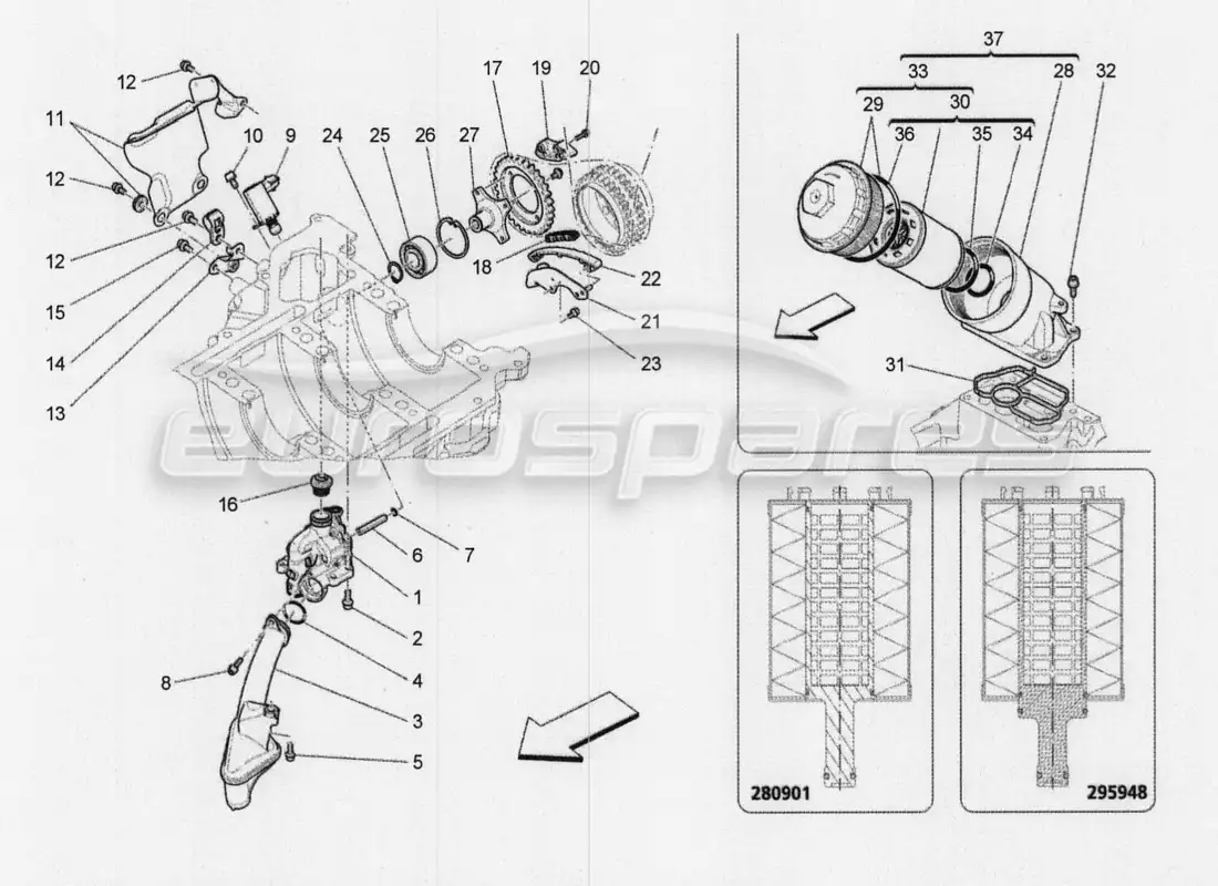 maserati qtp. v8 3.8 530bhp 2014 auto sistema de lubricación: diagrama de piezas de bomba y filtro