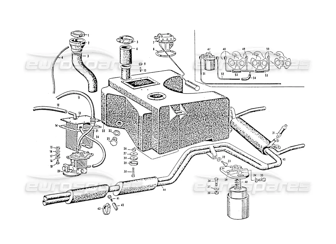 maserati 3500 gt colector de escape y tienda de combustible diagrama de piezas