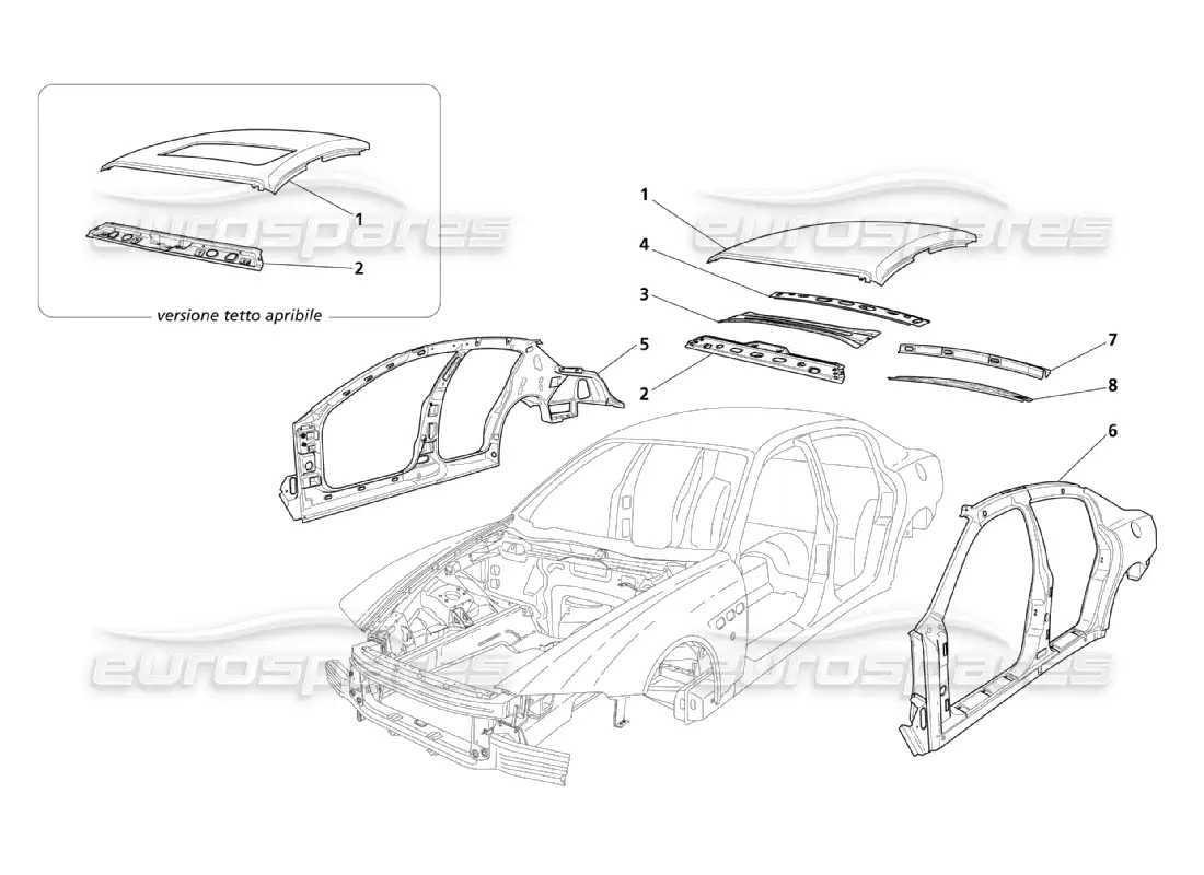 maserati qtp. (2003) 4.2 estructuras exteriores centrales y cuerpo. diagrama de piezas