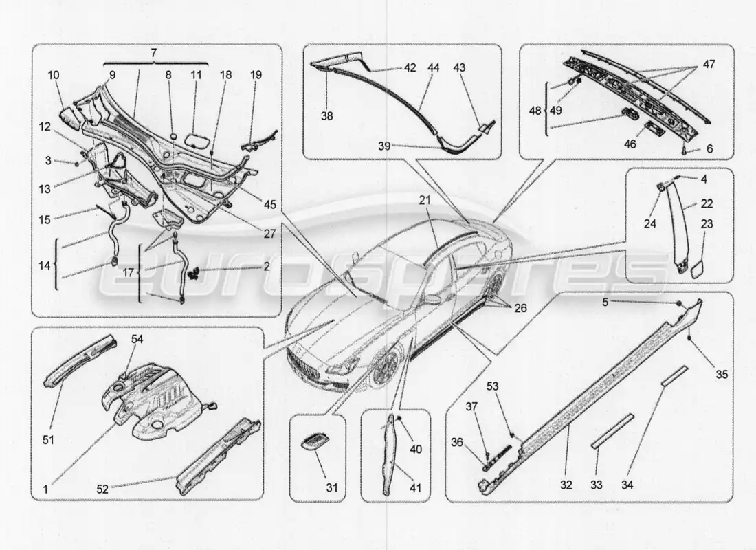 maserati qtp. v8 3.8 530bhp 2014 auto diagrama de piezas de escudos, molduras y paneles de cobertura