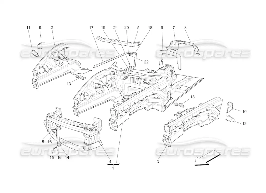 maserati grancabrio (2010) 4.7 marcos estructurales frontales y paneles de chapa diagrama de piezas