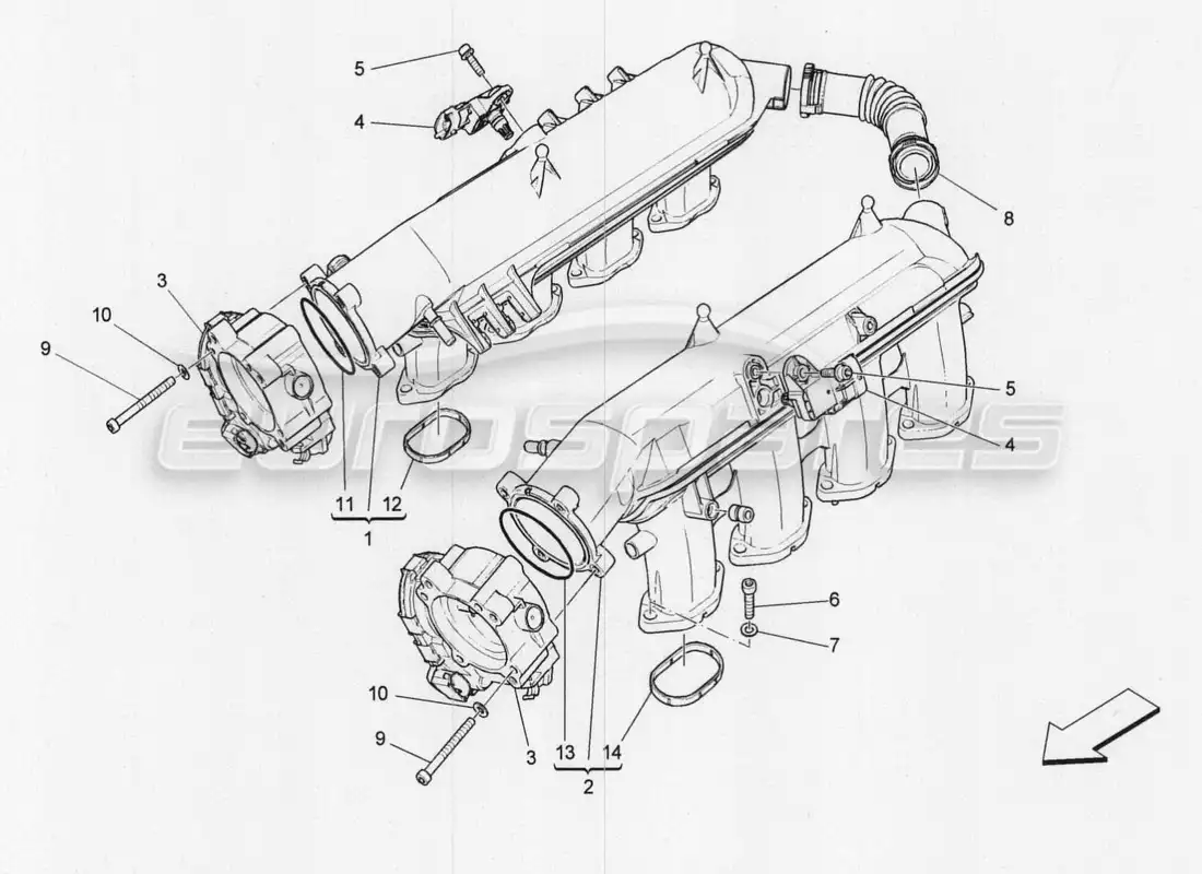 maserati qtp. v8 3.8 530bhp 2014 auto diagrama de partes del colector de admisión y del cuerpo del acelerador