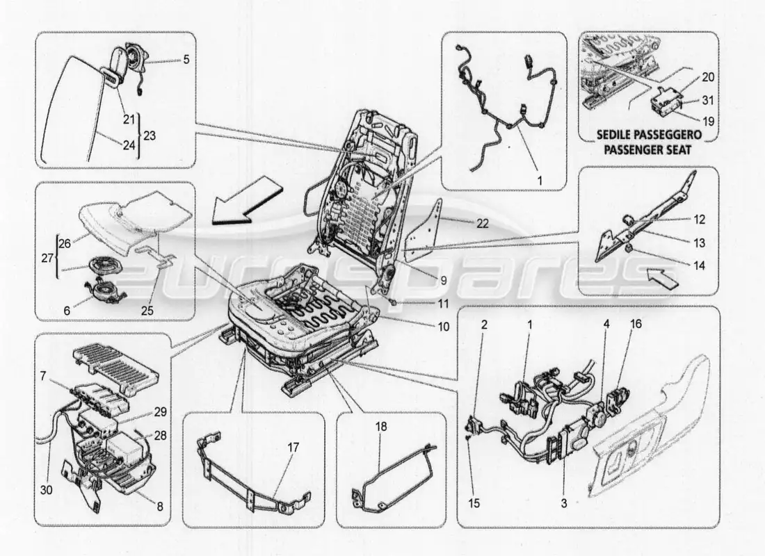 maserati qtp. v8 3.8 530bhp 2014 auto asientos delanteros: diagrama de piezas de mecánica y electrónica