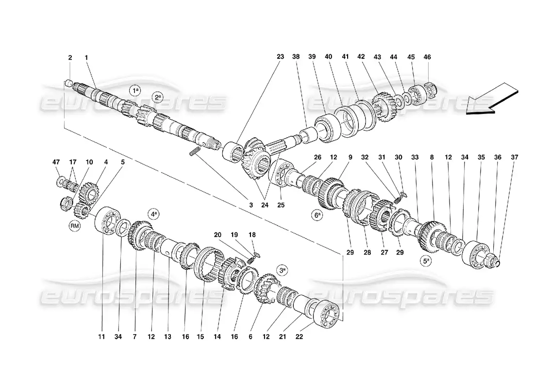 ferrari 355 (5.2 motronic) engranajes del eje principal diagrama de piezas