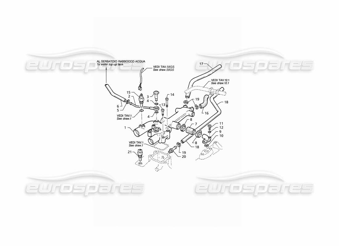 maserati qtp v8 (1998) diagrama de piezas del termostato y tubos de refrigeración del motor (lhd)