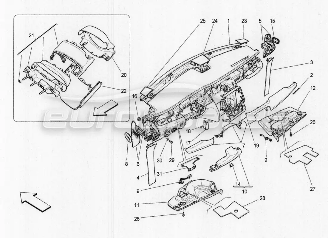 maserati qtp. v8 3.8 530bhp 2014 auto diagrama de piezas de la unidad del tablero