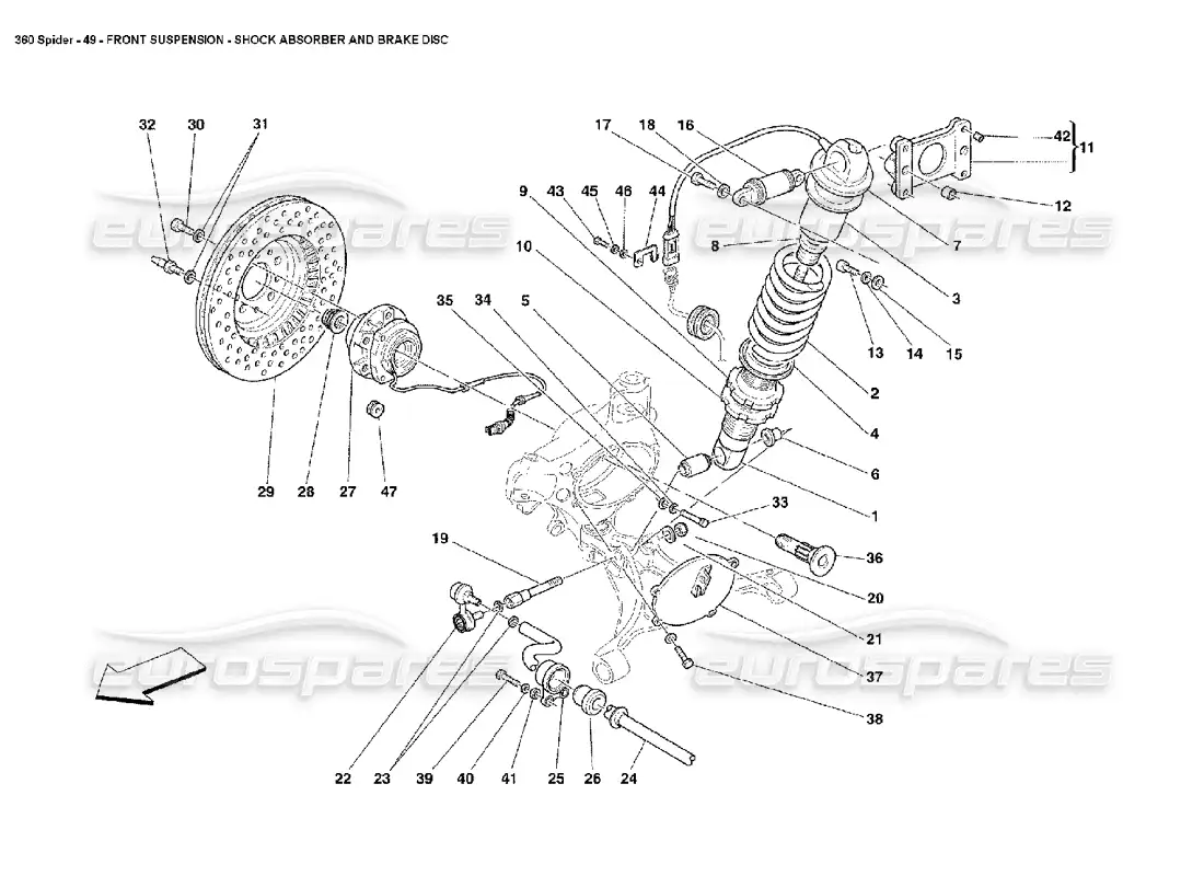 ferrari 360 spider suspensión delantera - amortiguador y disco de freno diagrama de piezas