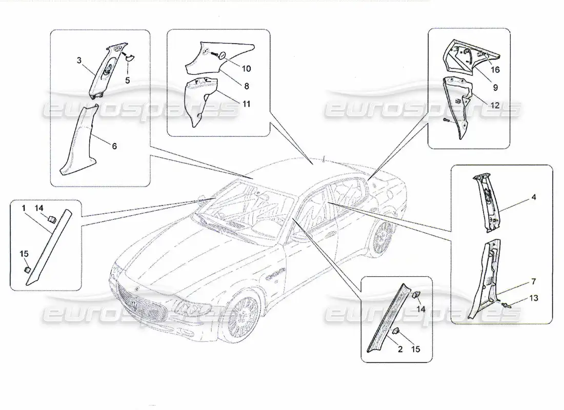 maserati qtp. (2010) 4.7 paneles de adorno del pilar del habitáculo b y paneles laterales diagrama de piezas
