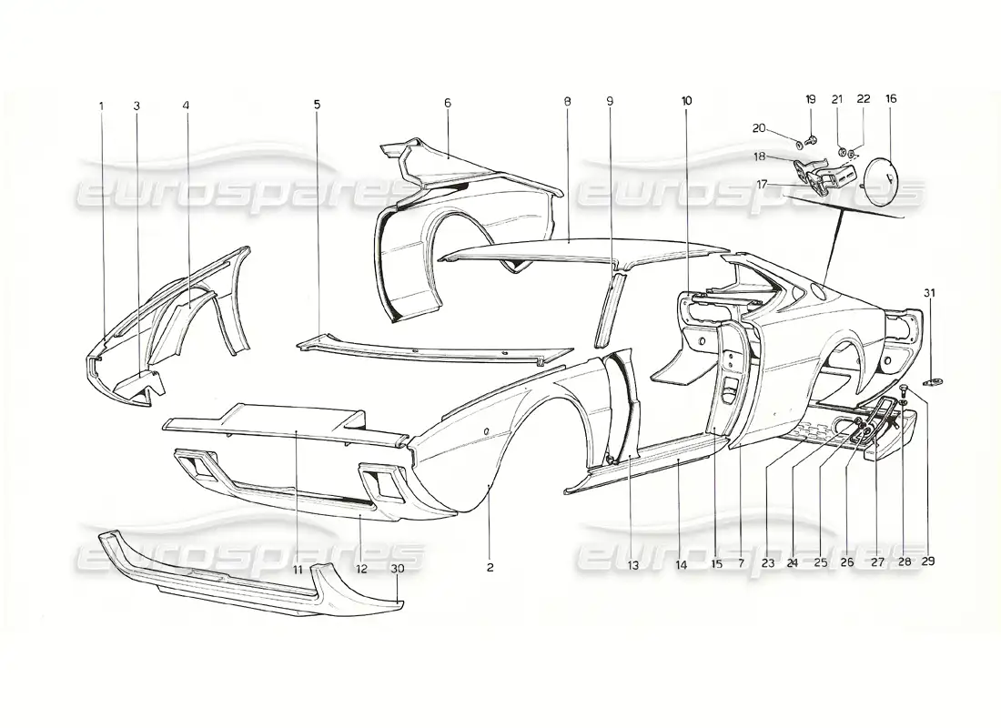 ferrari 308 gt4 dino (1976) carrocería - elementos exteriores diagrama de piezas