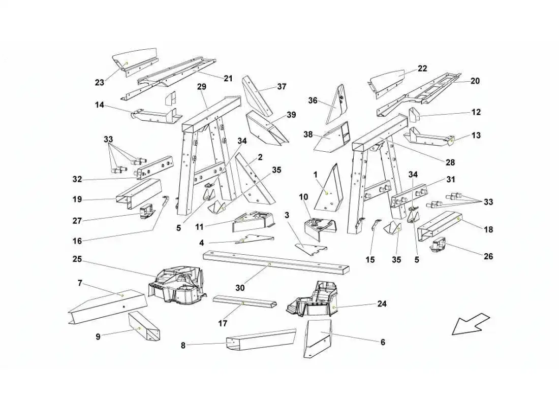 lamborghini gallardo sts ii sc diagrama de piezas de los elementos del bastidor trasero