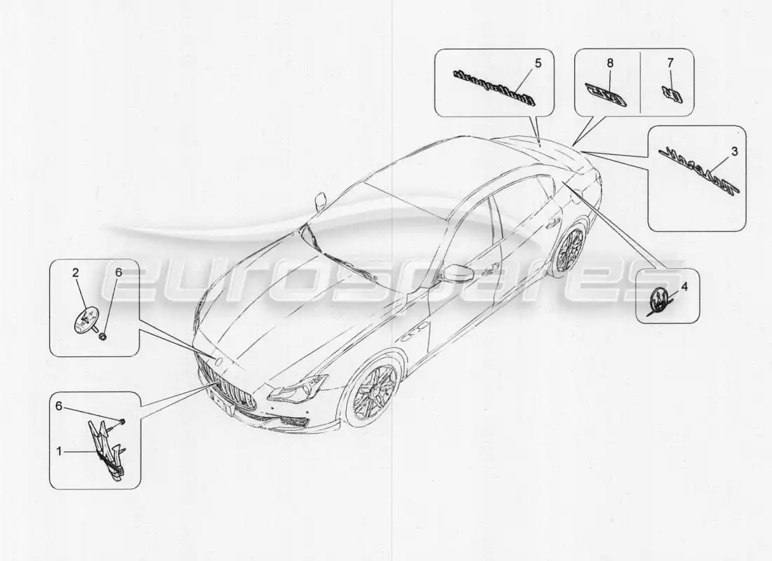 maserati qtp. v8 3.8 530bhp 2014 auto diagrama de piezas de adornos, marcas y símbolos