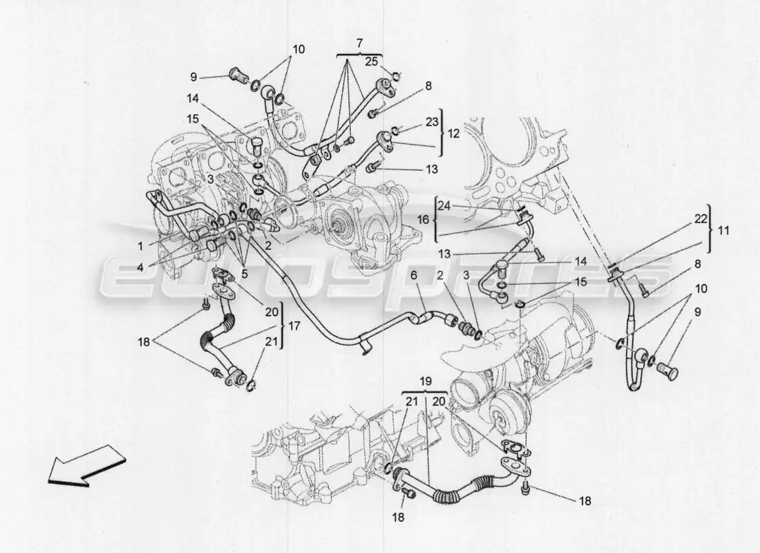 maserati qtp. v8 3.8 530bhp 2014 auto sistema de turbocargación: lubricación y enfriamiento diagrama de piezas