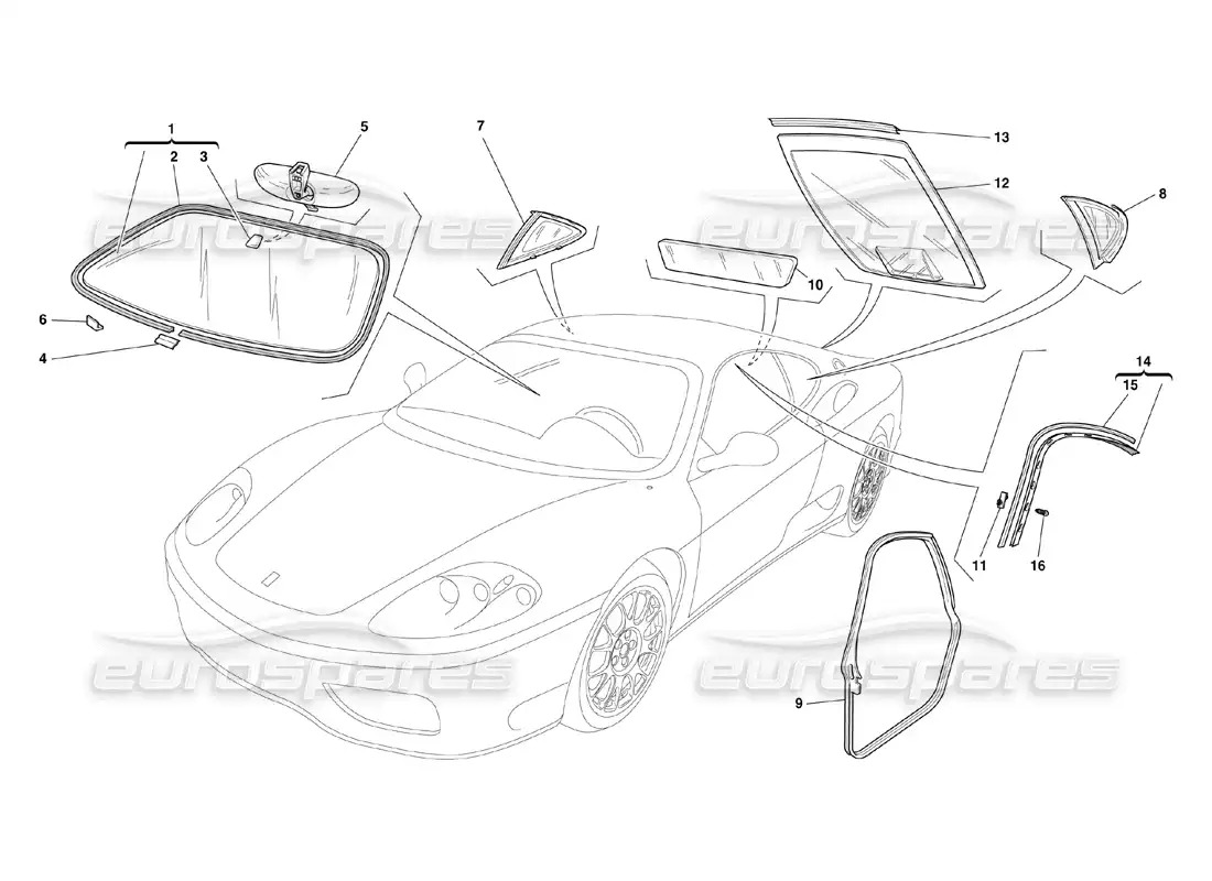 ferrari 360 challenge (2000) vidrios y juntas diagrama de piezas