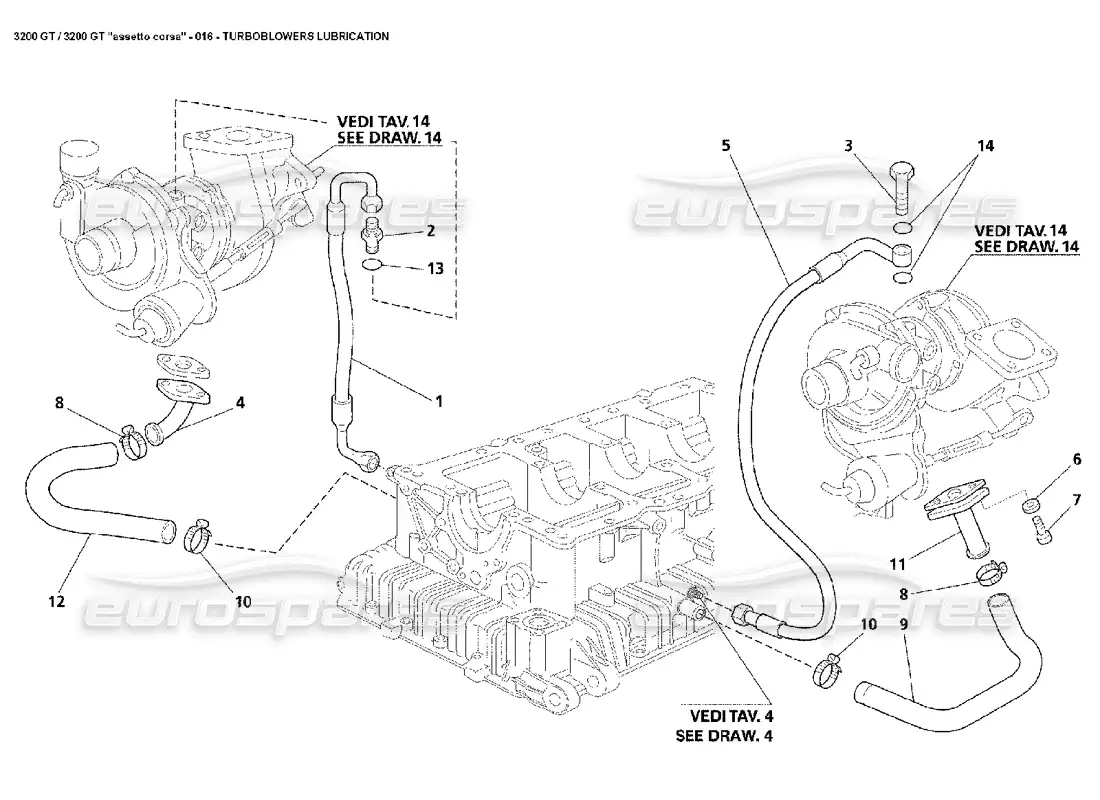 maserati 3200 gt/gta/assetto corsa lubricación turbo diagrama de piezas