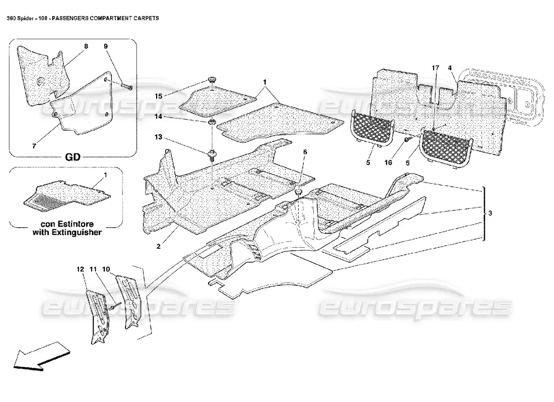 ferrari 360 spider alfombras del habitáculo diagrama de piezas