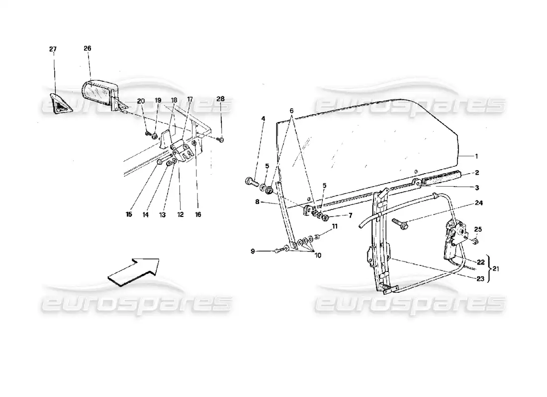 ferrari mondial 3.4 t coupe/cabrio puertas - coupé - diagrama de piezas del dispositivo de elevación de vidrio y espejo trasero