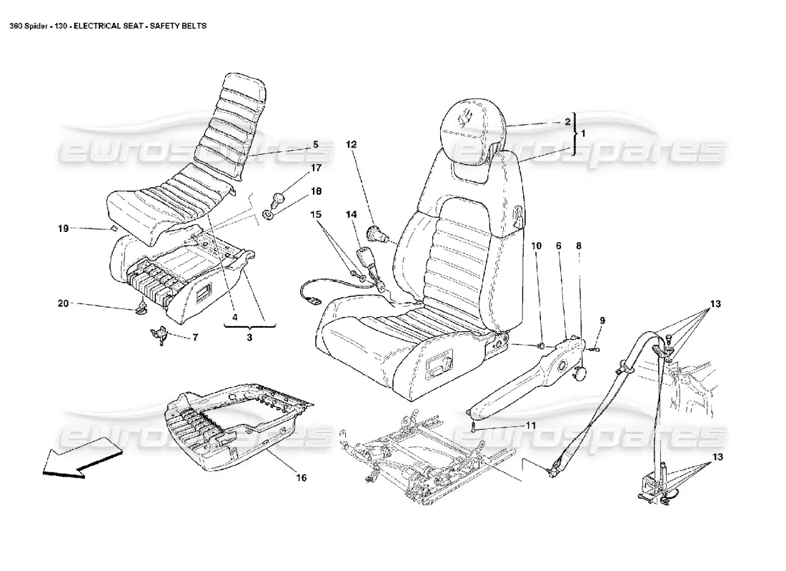 ferrari 360 spider asiento eléctrico - cinturones de seguridad diagrama de piezas