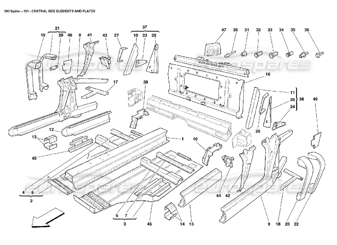 ferrari 360 spider elementos laterales centrales y placas. diagrama de piezas