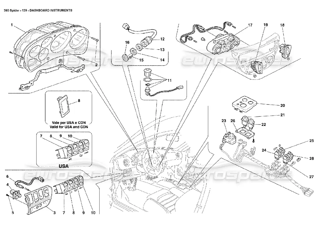ferrari 360 spider instrumentos del tablero diagrama de piezas