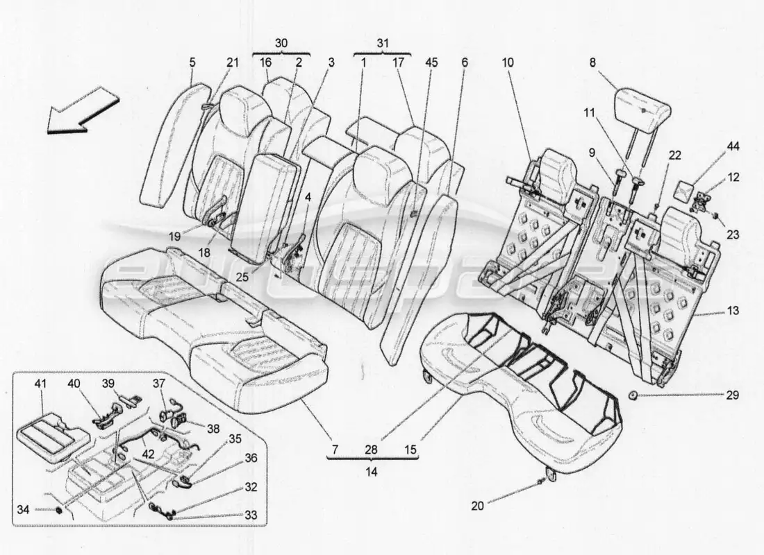 maserati qtp. v8 3.8 530bhp 2014 auto asientos traseros: diagrama de piezas de los paneles decorativos