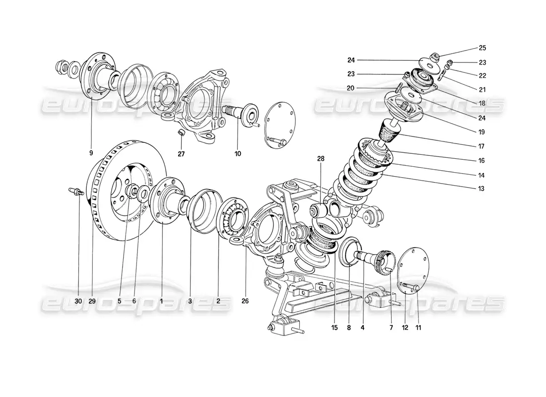ferrari 208 turbo (1989) suspensión delantera: diagrama de piezas de amortiguador y disco de freno (a partir del número de automóvil 76626)