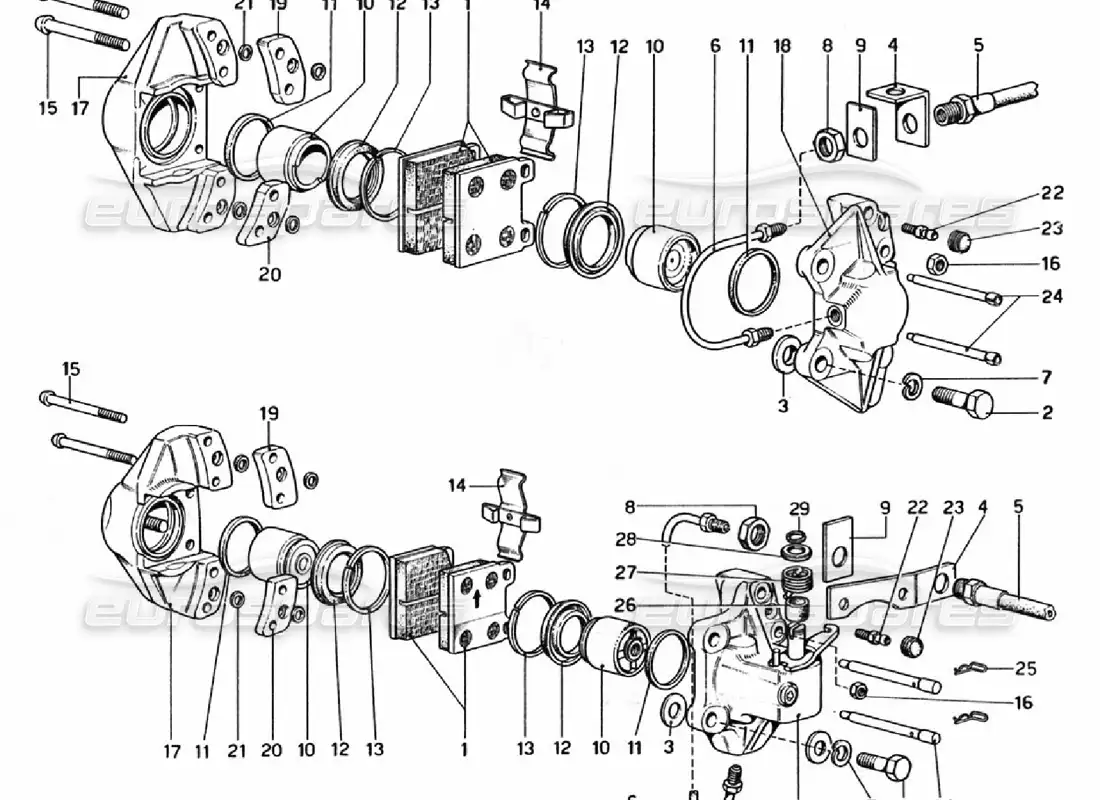 ferrari 308 gtb (1976) pinzas para frenos delanteros y traseros diagrama de piezas