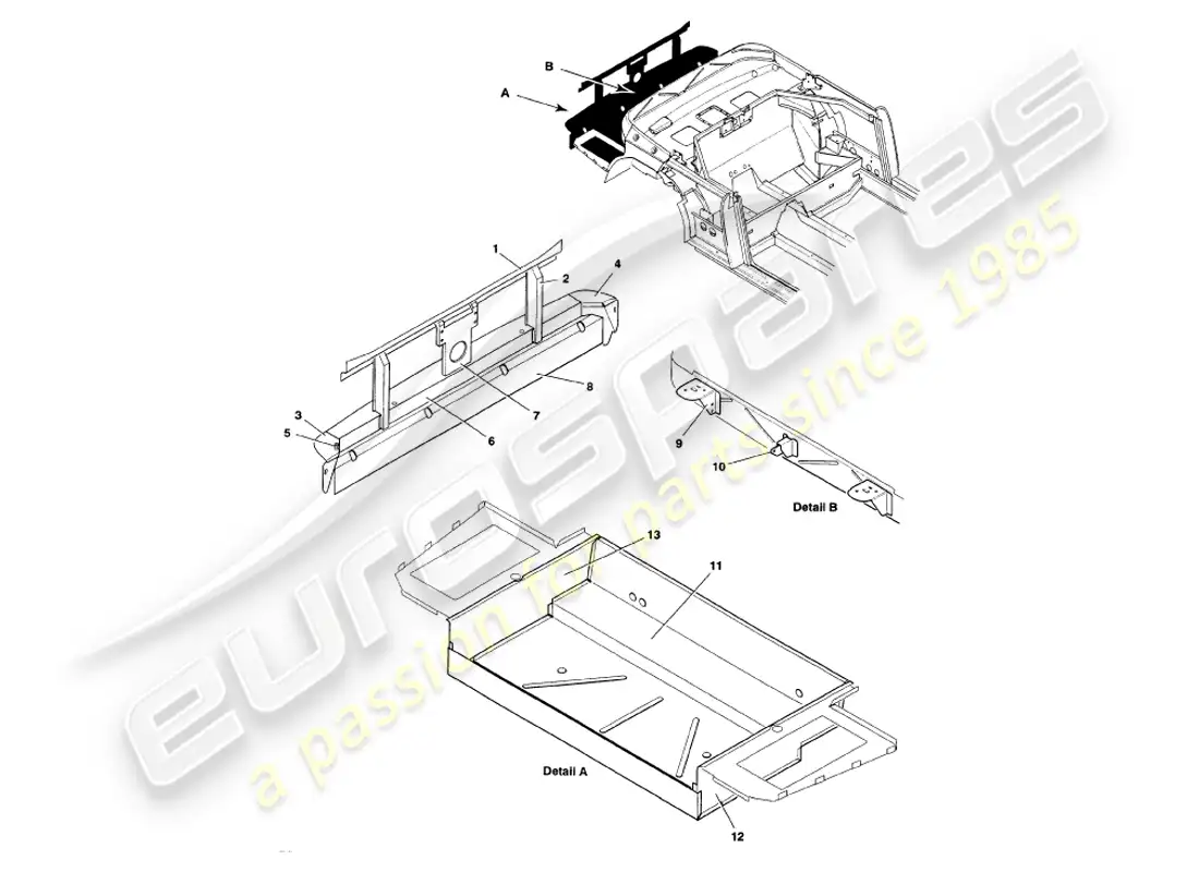aston martin v8 volante (1999) estructura trasera, parachoques y maletero diagrama de piezas