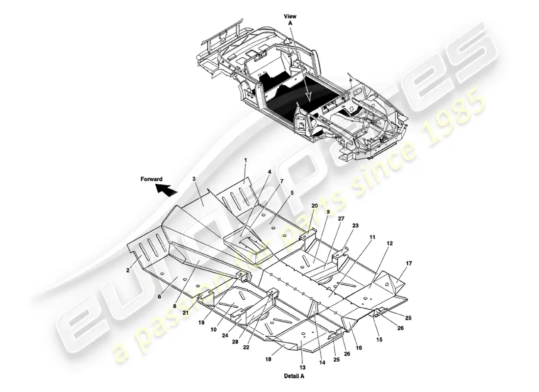 aston martin v8 volante (1999) paneles de piso diagrama de piezas