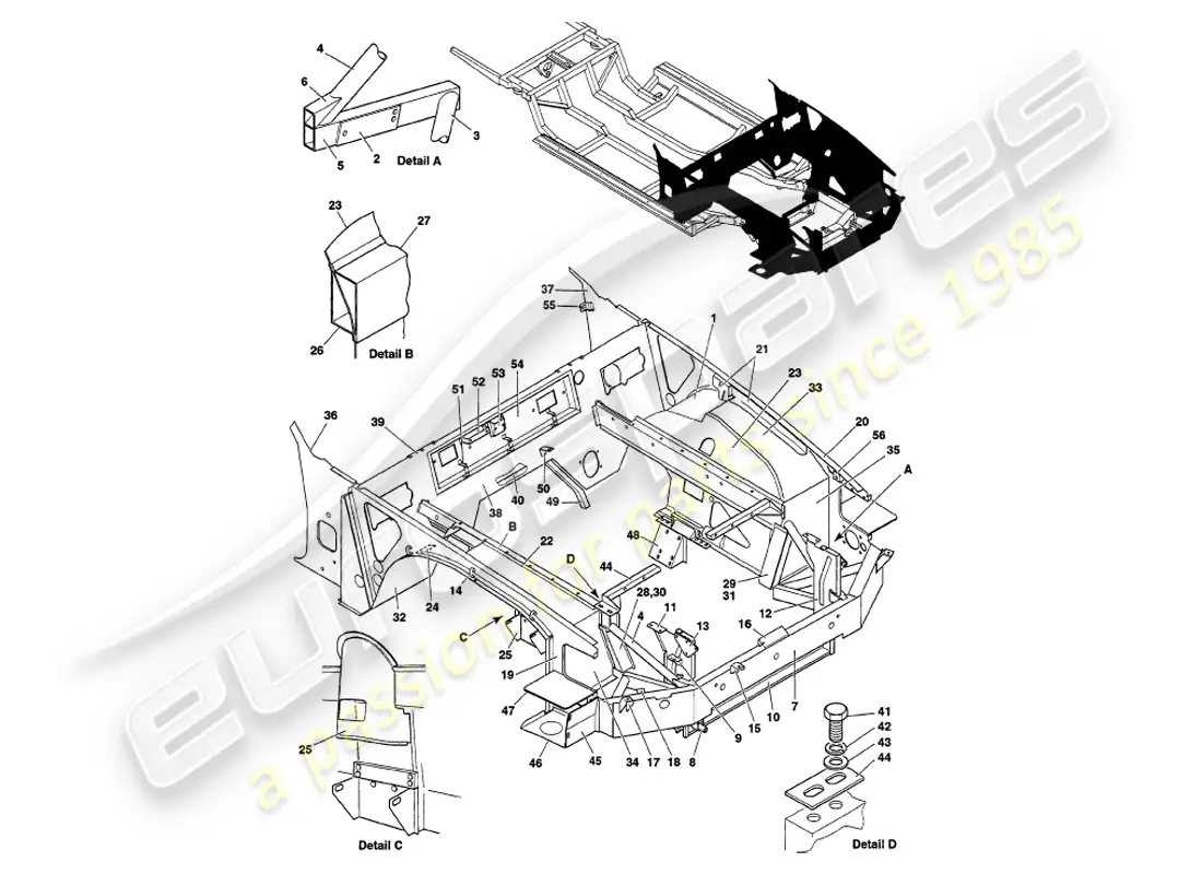 aston martin v8 volante (1999) estructura frontal diagrama de piezas