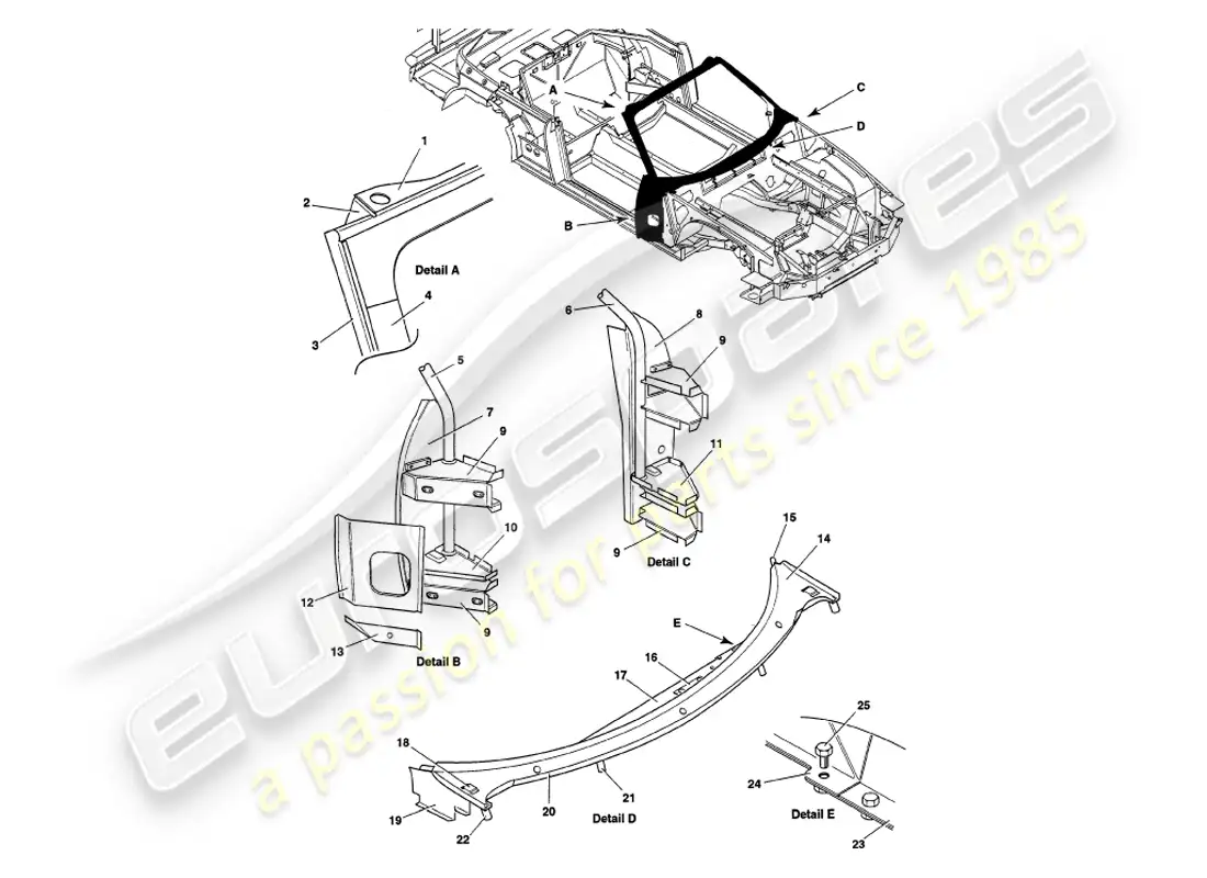 aston martin v8 volante (1999) superestructura diagrama de piezas