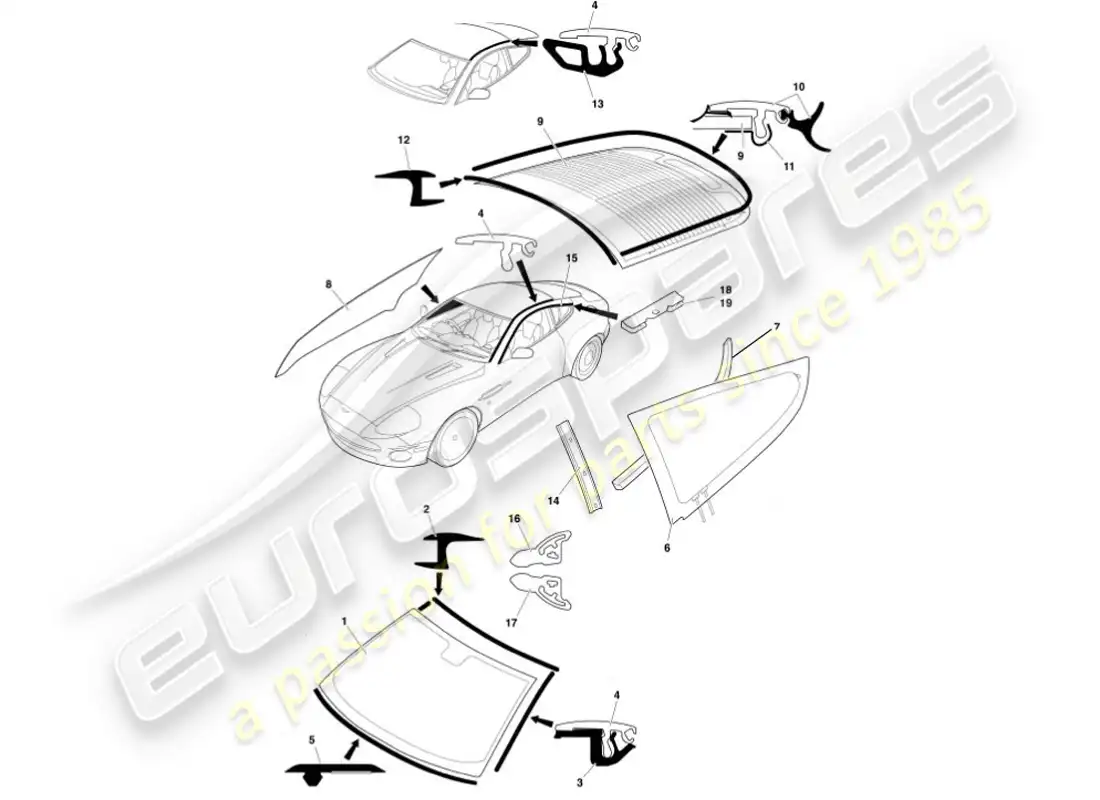 aston martin vanquish (2002) vidrio y acabados diagrama de piezas
