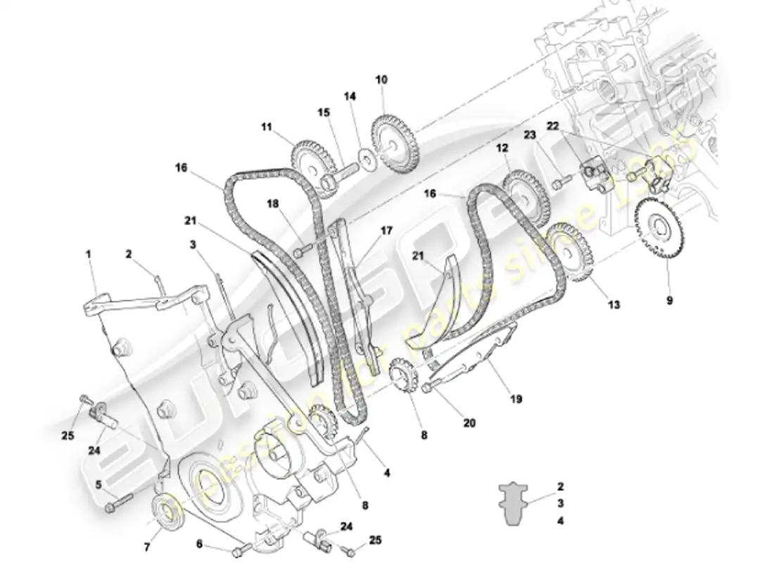 aston martin vanquish (2001) cubierta frontal, cadenas y piñones diagrama de piezas