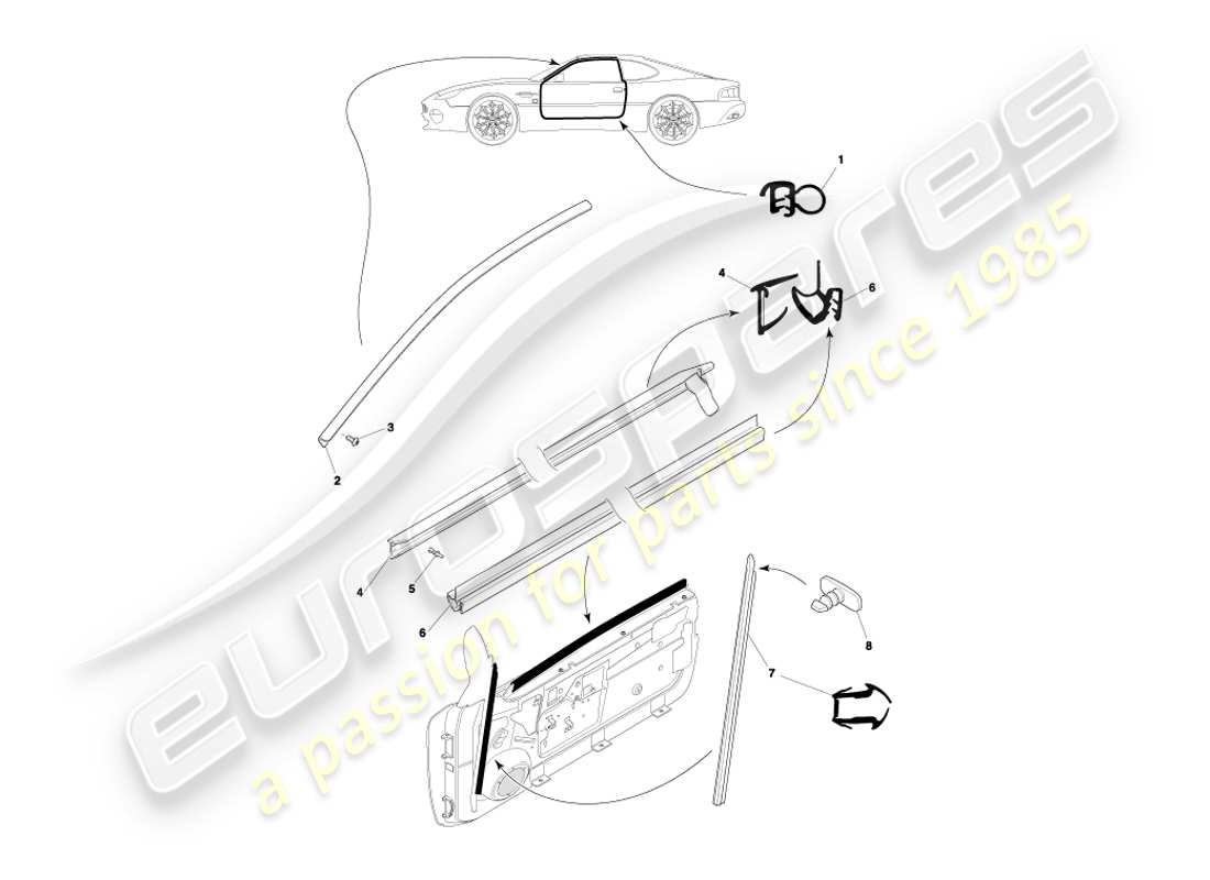 aston martin db7 vantage (2000) diagrama de piezas de los sellos de las puertas del cupé