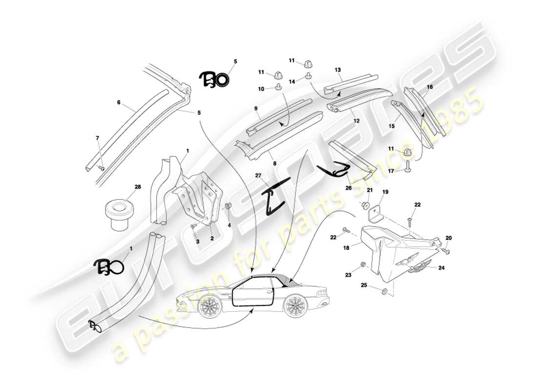 aston martin db7 vantage (2001) diagrama de piezas del sello de techo y puerta volante