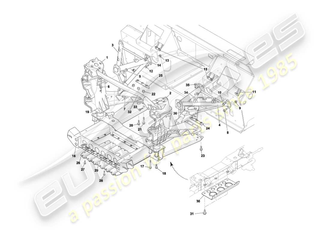 aston martin vanquish (2004) diagrama de piezas de la estructura de soporte del cuerpo delantero