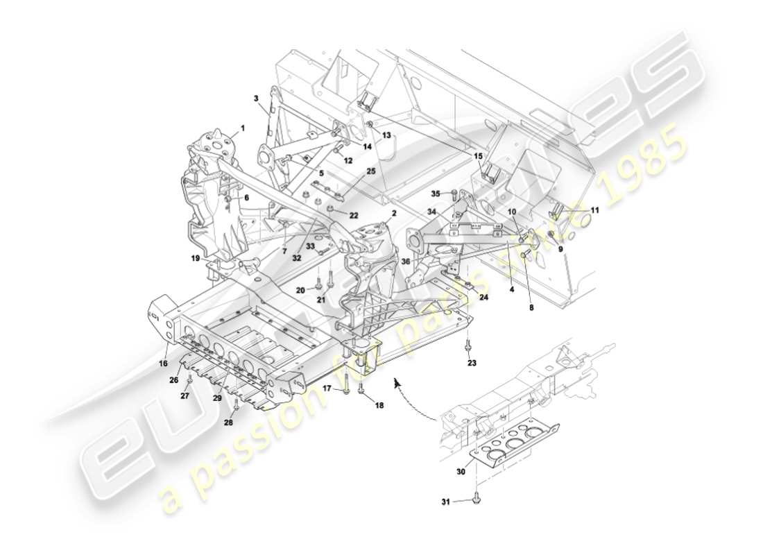 aston martin vanquish (2003) estructura de soporte del cuerpo delantero diagrama de piezas