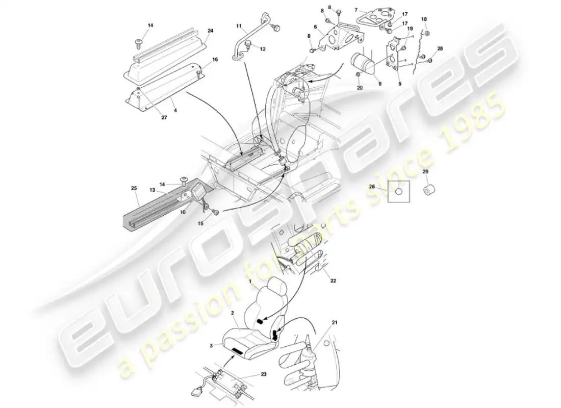 aston martin vanquish (2001) diagrama de piezas de asientos delanteros y cinturones