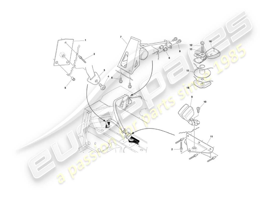 aston martin vanquish (2004) diagrama de piezas de los cinturones de seguridad traseros