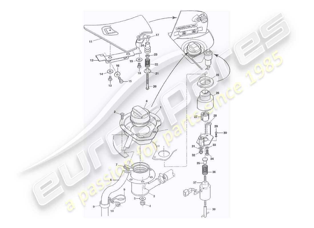 aston martin v8 virage (2000) aletas de llenado de combustible, diagrama de piezas volante