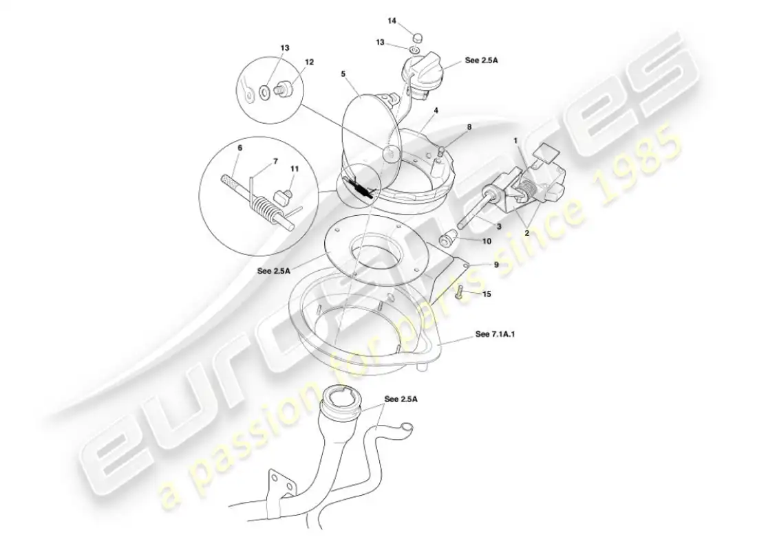 aston martin vanquish (2001) mecanismo de trampilla de combustible diagrama de piezas