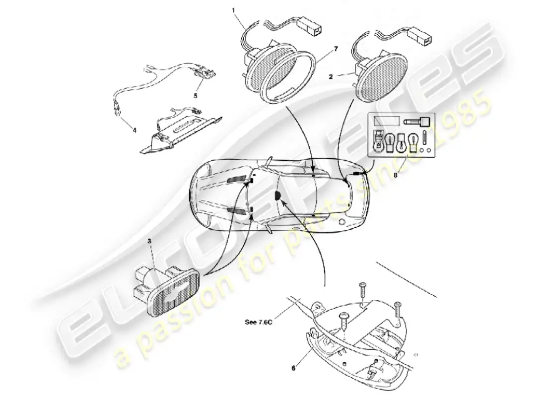 aston martin vanquish (2001) lámparas y bombillas interiores diagrama de piezas