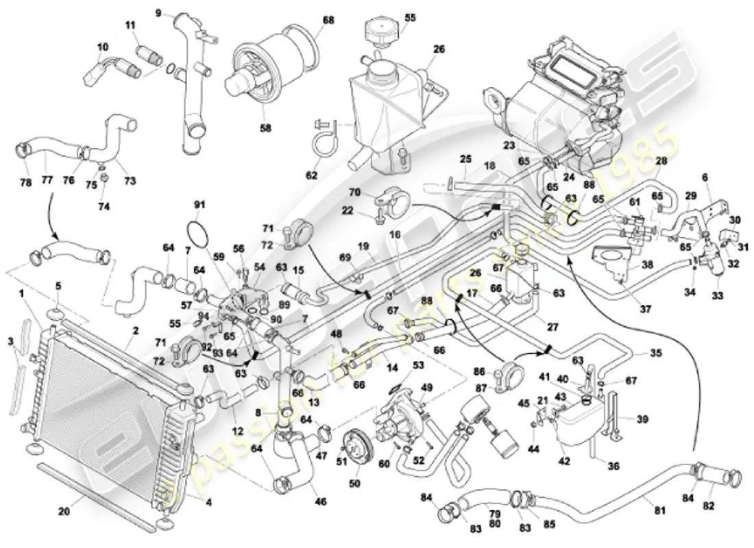 aston martin vanquish (2001) sistema de refrigeración por agua diagrama de piezas