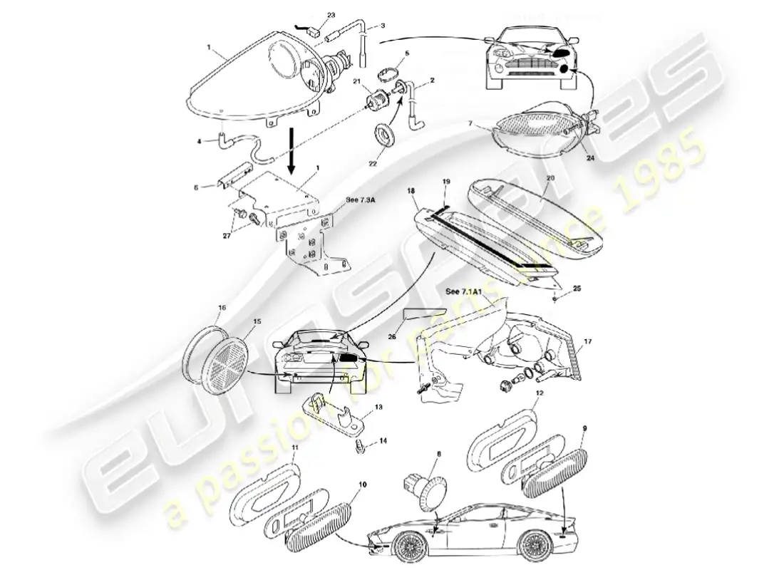 aston martin vanquish (2001) lámparas exteriores diagrama de piezas