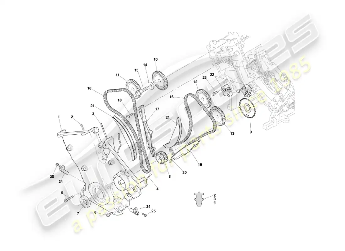 aston martin db7 vantage (2003) diagrama de piezas de caja de distribución, bomba de agua y ruedas dentadas