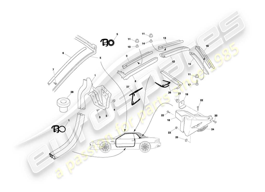 aston martin db7 vantage (2000) diagrama de piezas de sellos de techo y puertas volante