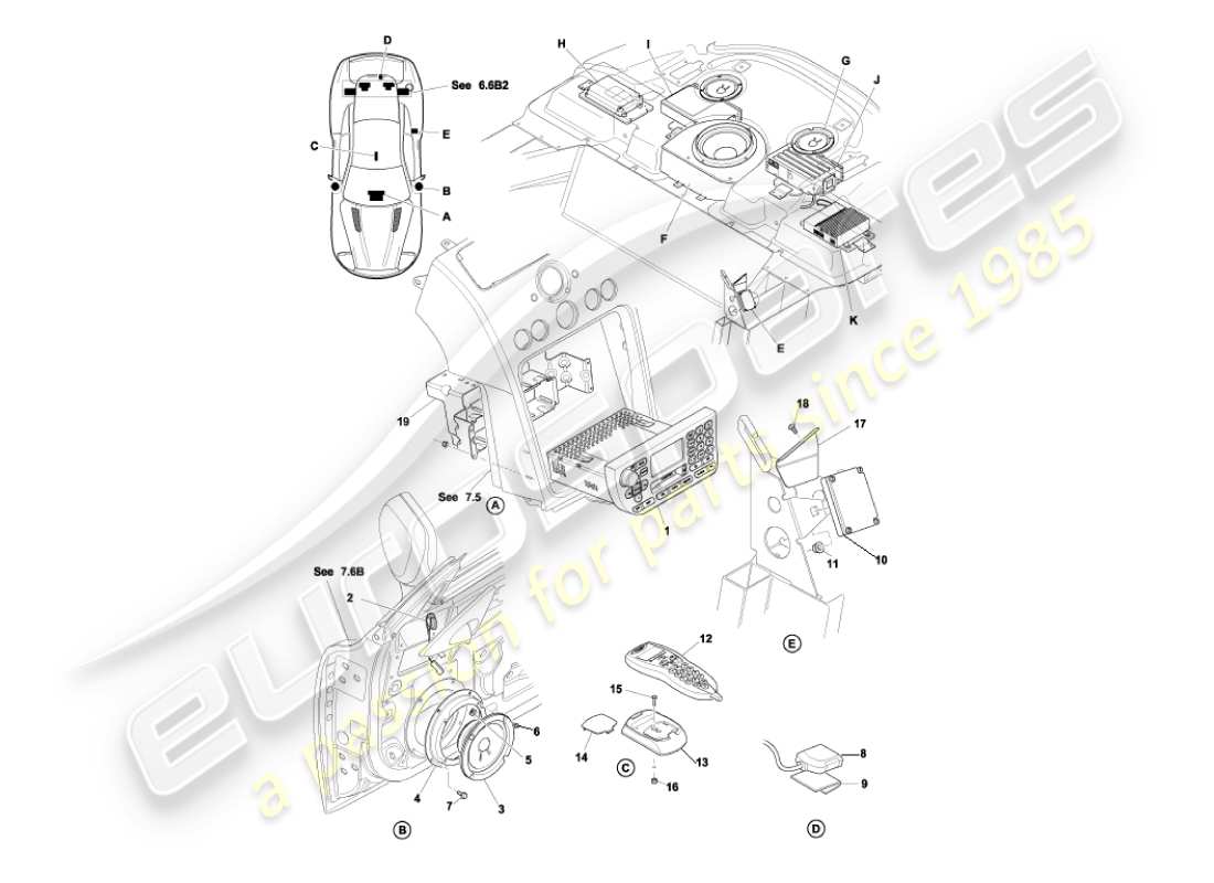 aston martin vanquish (2004) diagrama de piezas de entretenimiento en el automóvil