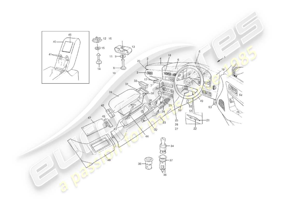 aston martin v8 virage (1999) acondicionamiento interior, diagrama de piezas del salón