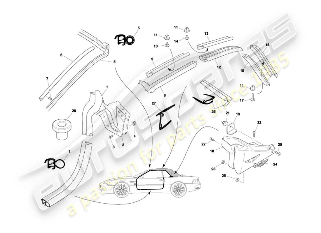 aston martin db7 vantage (2002) diagrama de piezas de sellos de techo y puertas volante