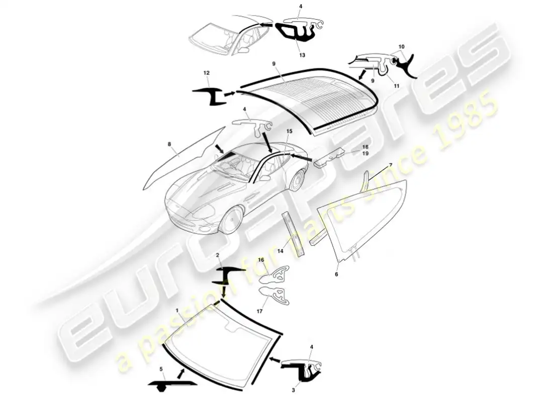 aston martin vanquish (2001) vidrio y acabados diagrama de piezas